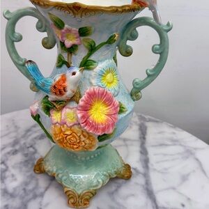 Hand-Painted Porcelain Floral Vase with Bird Accent